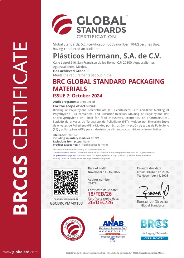 Certificado BRCGS Plásticos Hermann